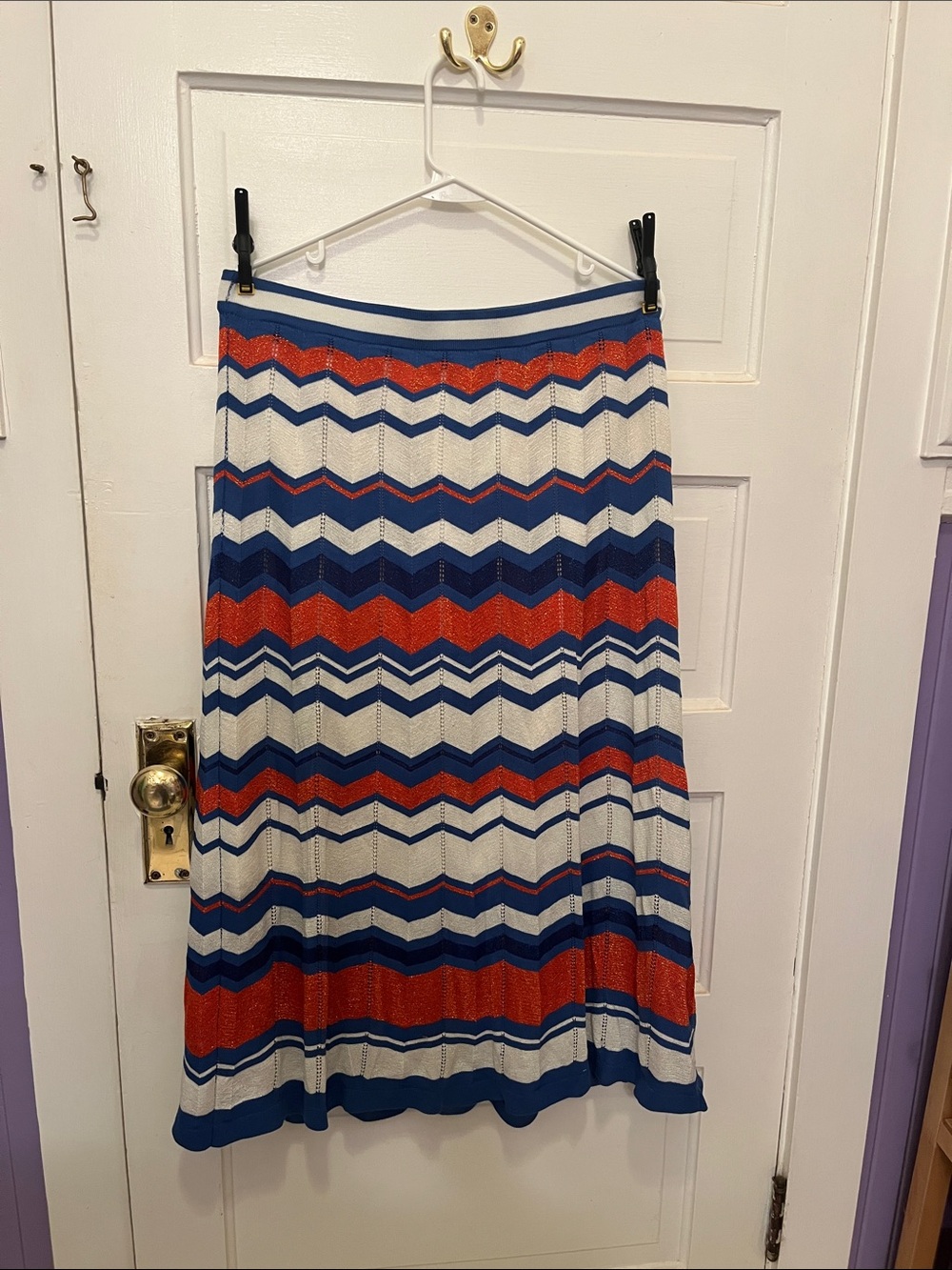 Chevron Knit Midi Skirt - Blue, White & Orange